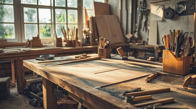 A clean woodworking station with templates, clamps, and freshly cut wood