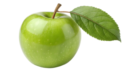 Green apple with leaf, isolated on white transparent background, organic fruit cut out PNG for healthy eating poster, 2025 social media ad, vector illustration, natural diet photo download