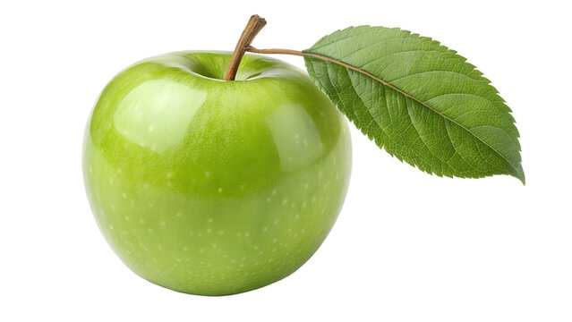 Green apple with leaf, isolated on white transparent background, organic fruit cut out PNG for healthy eating poster, 2025 social media ad, vector illustration, natural diet photo download