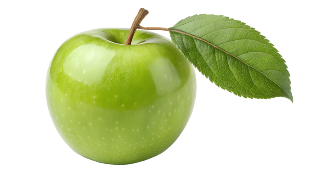 Green apple with leaf, isolated on white transparent background, organic fruit cut out PNG for healthy eating poster, 2025 social media ad, vector illustration, natural diet photo download