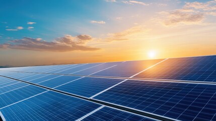 Expansive Solar Panel Installation Under Vibrant Sunset Sky Illuminating Renewable Energy Future