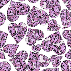 Doodle flower hearts with pink roses seamless pattern 