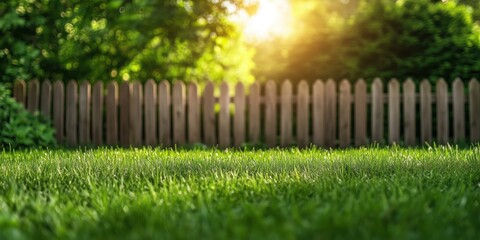 Sunlit backyard lawn grass with wooden picket fence and green foliage with copy space