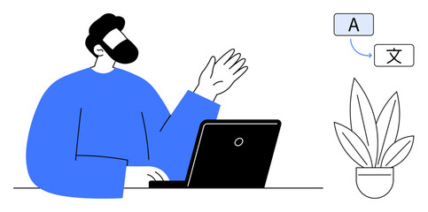 Person waving near laptop with text bubbles displaying different languages and potted plant. Ideal for language learning, online education, cultural exchange, global communication, digital