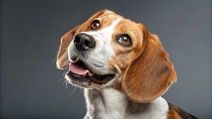 Beagle Dog Portrait Close-up Headshot, Grey Background, Happy Expression, Dog Photography Dog breed, Pet portrait