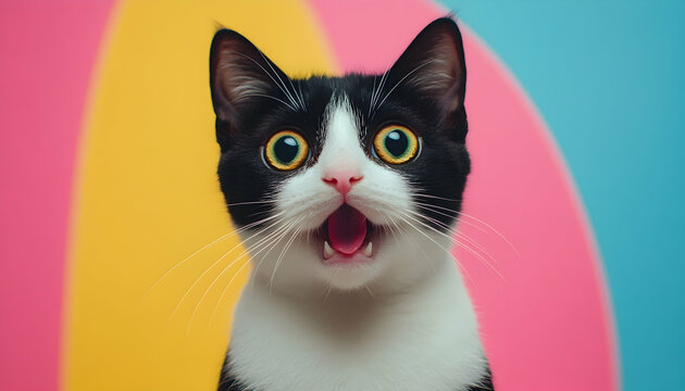 Crazy surprised cat making big eyes, close-up on a colored background