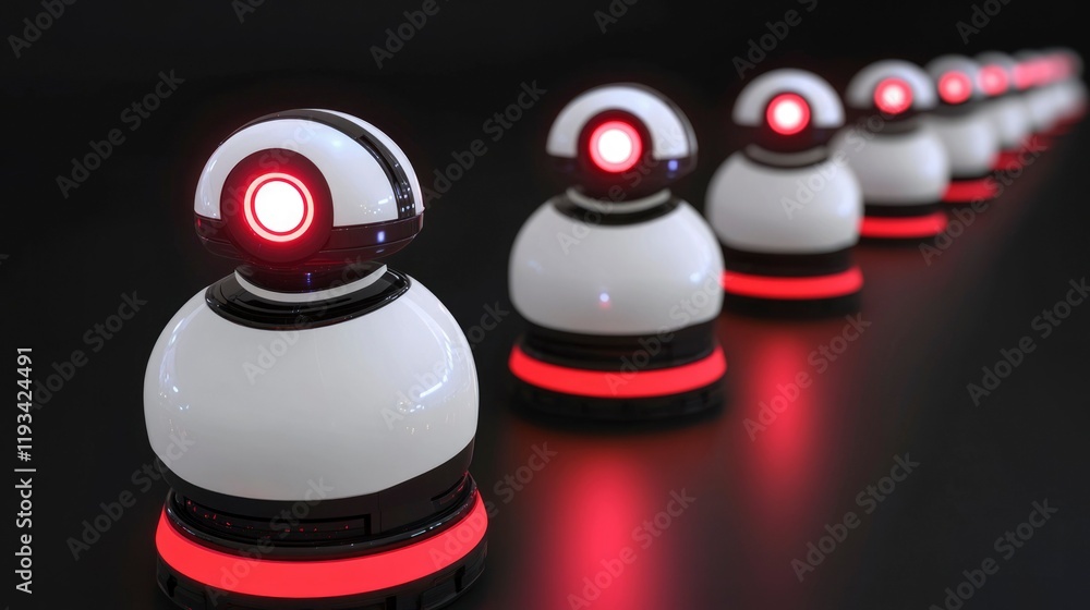 Poster a row of futuristic white robots with red lights