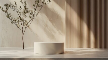 A minimalistic white podium against a clean backdrop, crafted for product showcases. The scene, rendered in 3D, focuses on simplicity and elegance.