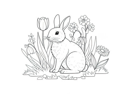 recommend clip art: Coloring Page of a Rabbit Amidst Spring Flowers: Tulips, Daisies, and More. Easter card