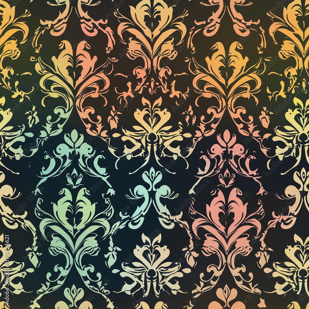 Aufkleber damask seamless pattern motifs colorful damask pattern with intricate floral designs on a dark backg