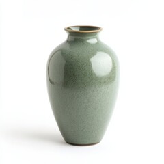 A green vase with a gold rim is prominently displayed against a clean white background, showcasing its elegant design and color contrast.