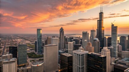 Chicago Skyline Sunset Aerial Golden Hour Composition, Cityscape, Architecture Photography, Illinois Chicago, Aerial Photography