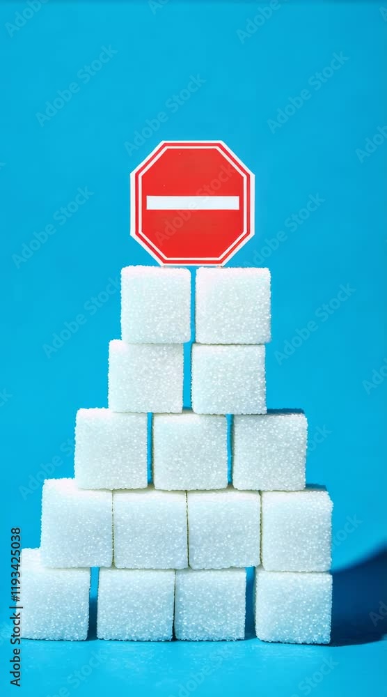 Poster conceptual image illustrating sugar reduction with a pyramid of white sugar cubes and a stop sign ag
