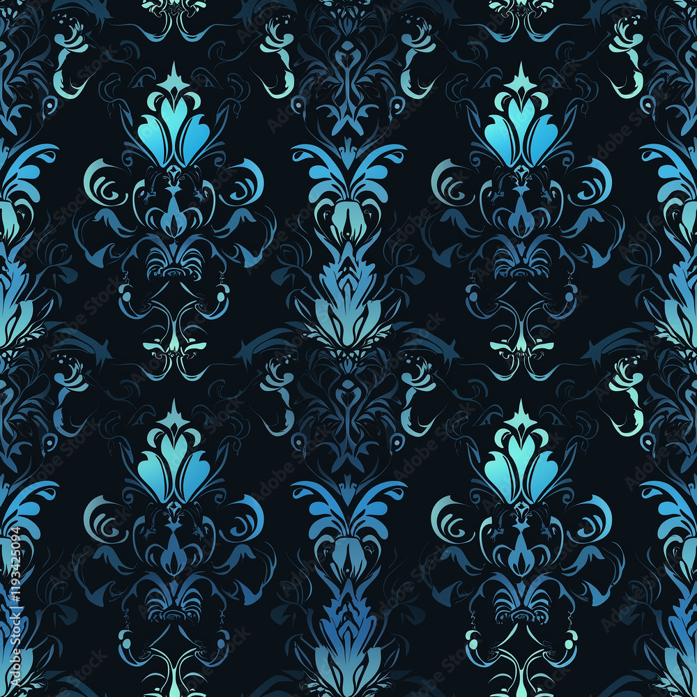 Poster damask seamless pattern motifs elegant blue damask pattern on a dark background, perfect for textile