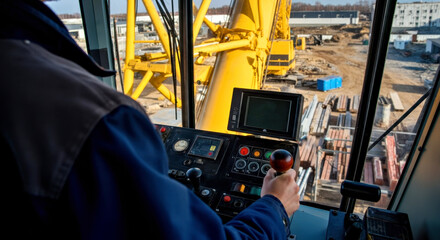 Crane Operator at Work: View from Inside the Tower Cabin Overlooking Construction Site