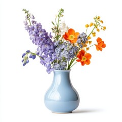 A blue vase filled with vibrant flowers stands out against a clean white background, creating a striking visual contrast and a fresh aesthetic.