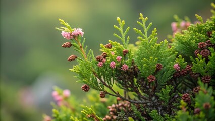 Fototapeta premium Close-up Macro Photography of Pink Flowers and Green Cones on Cypress Branch, Nature, Botany Cypress, Macro Photography
