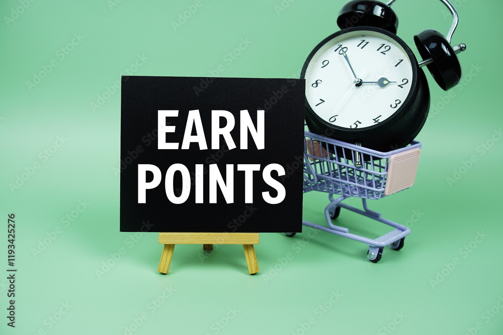 Poster earn points text message on paper card with alarm clcok and trolley shopping cart on green backgroun