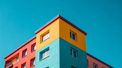 Obraz premium Colorful Building Corner Geometric Composition, Teal, Orange and Yellow Facade, Minimalist Architecture, Bright Sky Architecture photography, Modern building