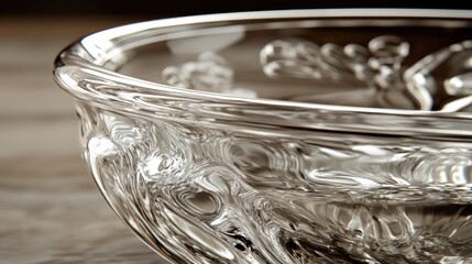 Close-Up of an Intricately Designed Glass Bowl on a Wooden Surface