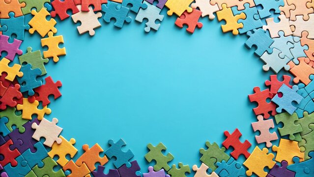 Colorful Jigsaw Puzzle Frame on Blue Background, Problem Solving, Teamwork Jigsaw puzzle, Frame