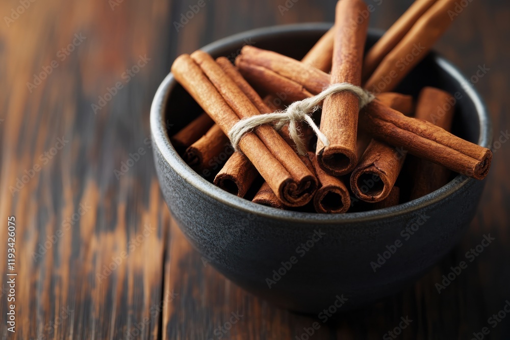 Aufkleber rustic macro shot of paired cinnamon sticks tied with twine in a bowl on wooden surface with soft li