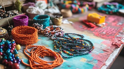 A colorful beadwork station with strings, beads, and bracelets in progress