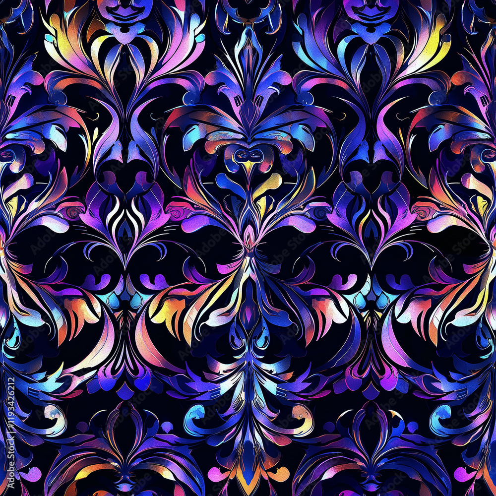 Poster damask seamless pattern motifs vibrant floral pattern with intricate designs in deep colors on a dar