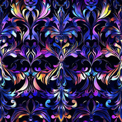 Damask seamless pattern motifs Vibrant floral pattern with intricate designs in deep colors on a dark background.