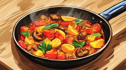 Depiction of open pan cooking featuring vibrant food a shallow skillet