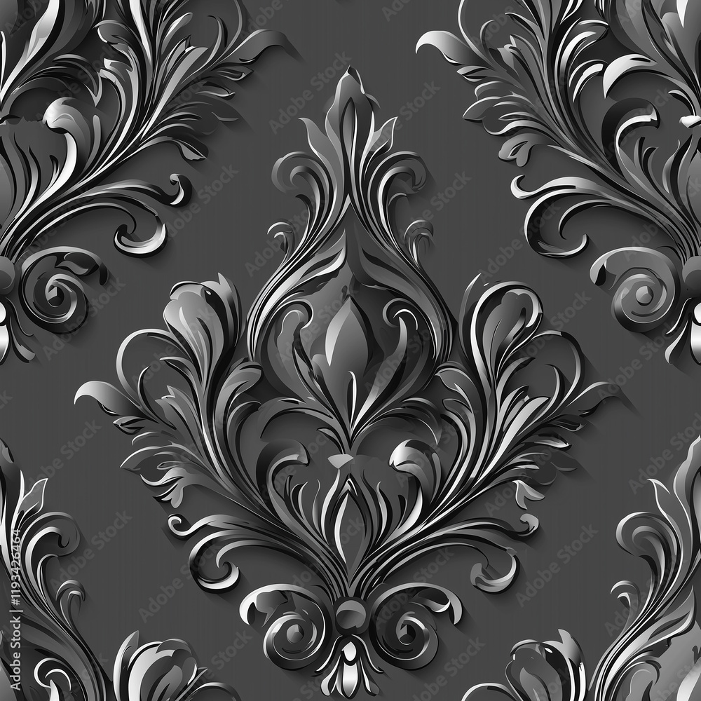 Poster damask seamless pattern motifs intricate black and gray damask pattern with elegant floral motifs.
