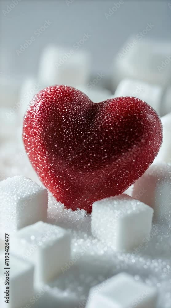 Poster granulated and cube sugar surrounding a red heart figurine, highlighting the health risks associated