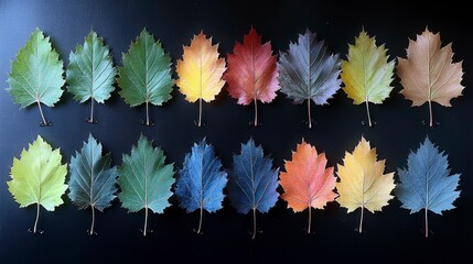 A close-up series of autumn leaves in various stages of color change, from vibrant green to fiery red and orange, capturing the beauty of nature's seasonal transformation.