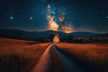 Fototapeta premium quaint village with winding pathways, a solitary house nestled under a mesmerizing galaxy sky, stars twinkling overhead, celebrating the serene charm of countryside life