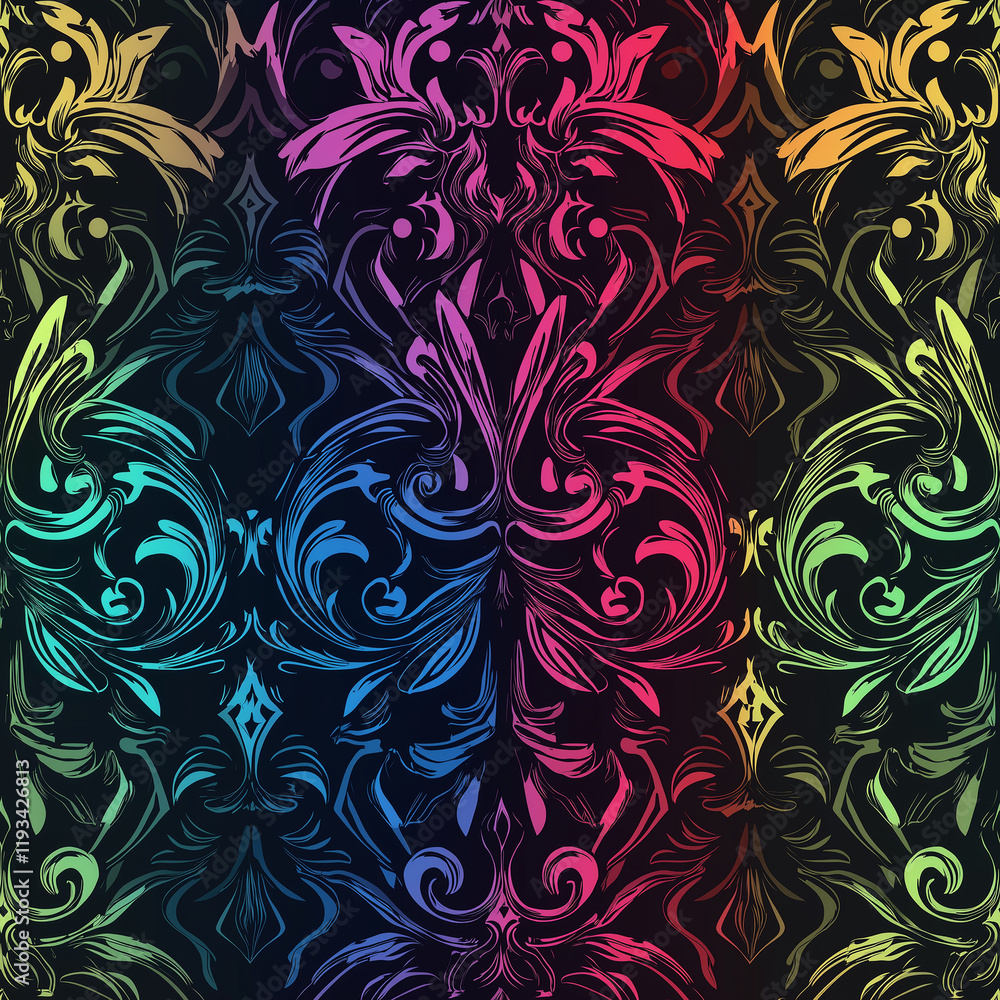Aufkleber Damask seamless pattern motifs Colorful abstract damask pattern with intricate designs on a dark background.