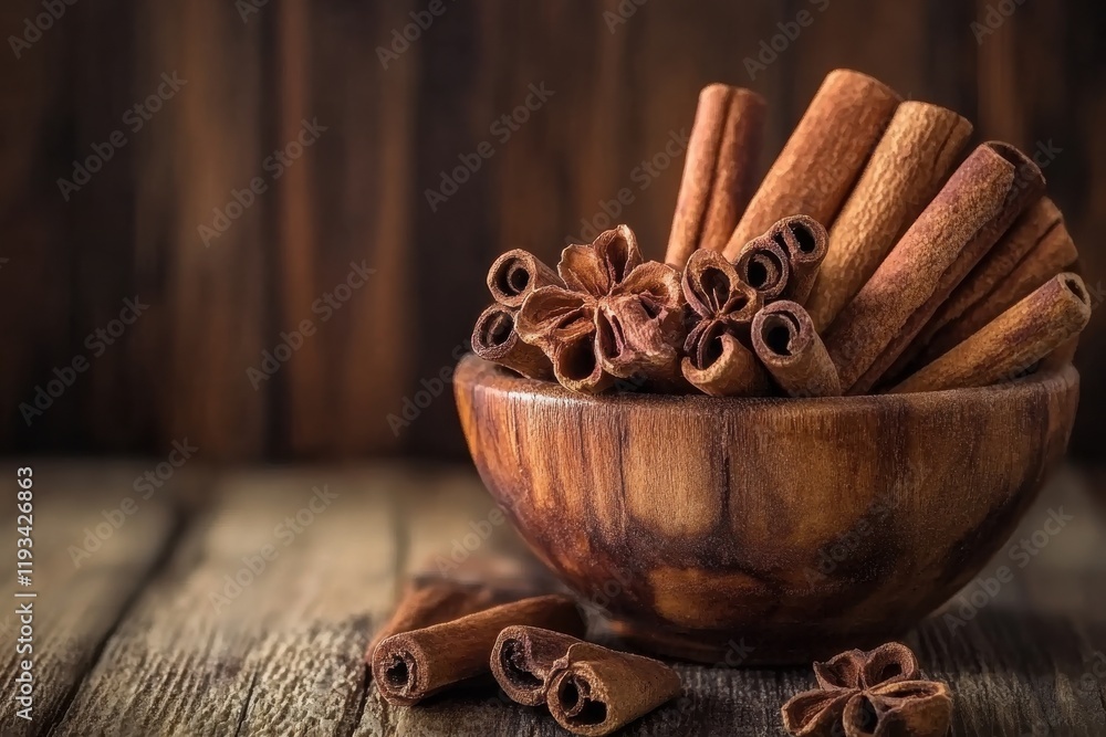 Poster a rustic bowl filled with paired cinnamon sticks captured in soft lighting against a rustic wood bac