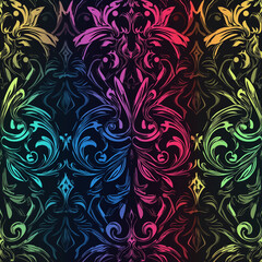 Damask seamless pattern motifs Colorful abstract damask pattern with intricate designs on a dark background.