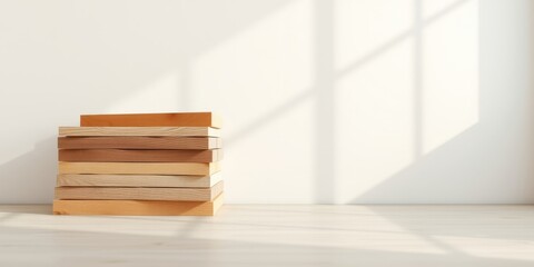 Neatly stacked planks of light wood against a white wall in sunlight