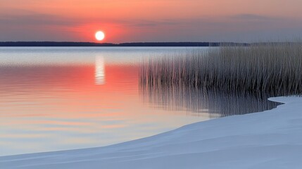 Fototapeta premium A serene 3D surreal landscape with a radiant light sphere hovering just above a reflective lake, surrounded by gently waving grass and set against the calming hues of a sunset sky.