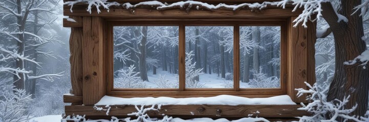 A wooden window with carvings of snowflakes and pinecones frames a frosty winter scene amidst the bare branches of a snowy forest, silence, stillness