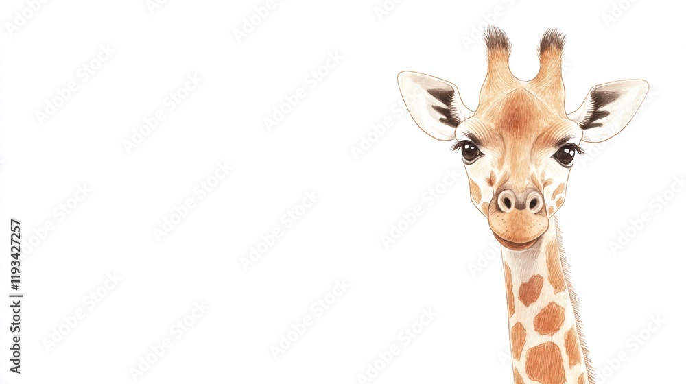 Poster Giraffe with expressive gaze in a minimalistic illustrated style on a white background. Generative AI