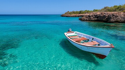 Small white boat floats in crystal-clear turquoise water near a rocky shore under a sunny sky.