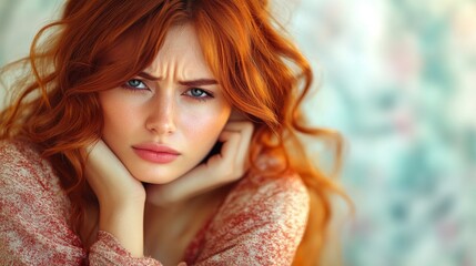 Fototapeta premium Portrait of a pensive redhead woman with a concerned expression