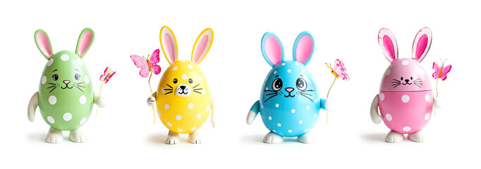 Obraz premium Colorful Easter Egg Bunnies with Polka Dots and Butterflies. Easter concept