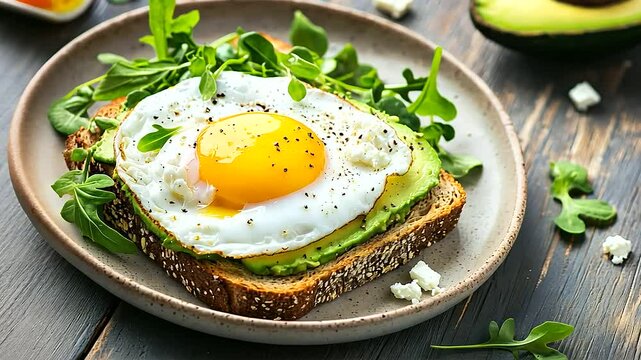 A plate of artisanal avocado toast on multigrain bread, featuring a golden poached egg, fresh microgreens, and crumbled feta, served with a side of mixed greens on a rustic table