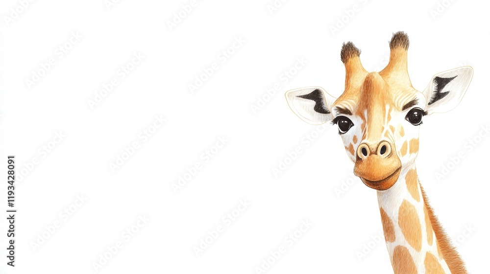 Poster friendly giraffe looking curiously to the right in an illustrated style with a simple white backgrou