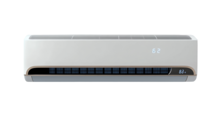 Modern Wall-Mounted Air Conditioner with Digital Display Isolated on Transparent Background for Cooling