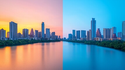 Split image of city skyline at sunrise and sunset, reflected in calm water.