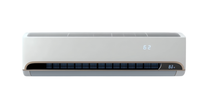 Modern Wall-Mounted Air Conditioner with Digital Display Isolated on Transparent Background for Cooling