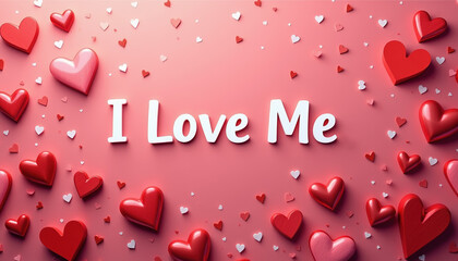Charming 'I Love Me' banner styled with hearts and a festive design, celebrating influential themes of self-love and happiness.